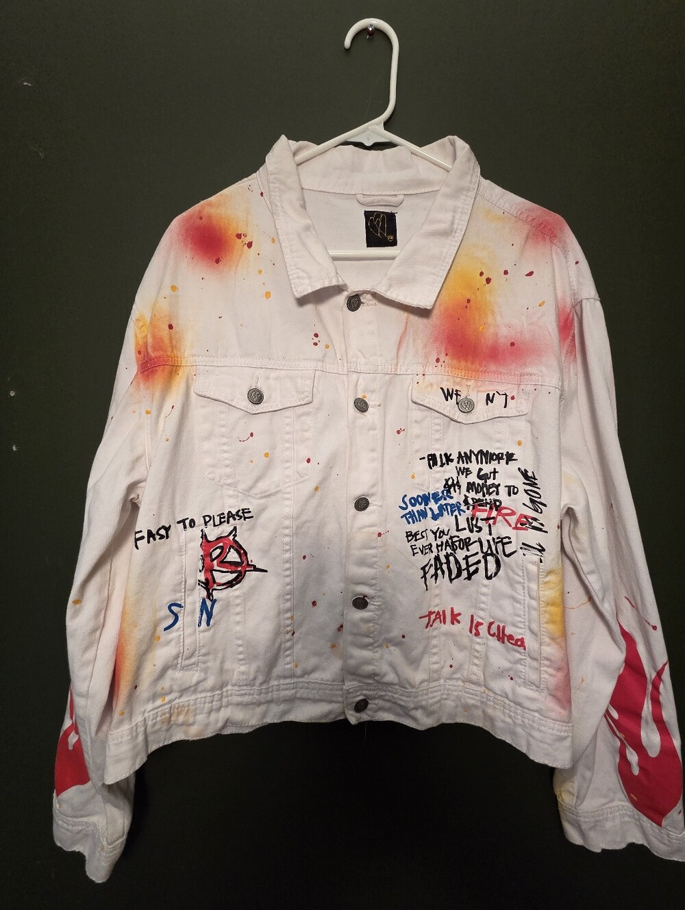 Hand-Painted White Denim Jacket with Multicolor Graffiti